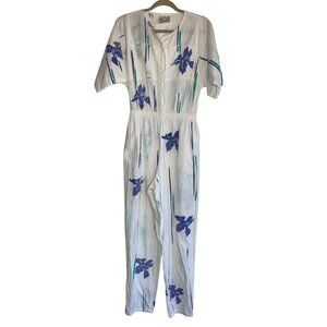 Vintage 80' Play Alegre White Hand Painted Floral Jumpsuit Women M/L Made in USA
